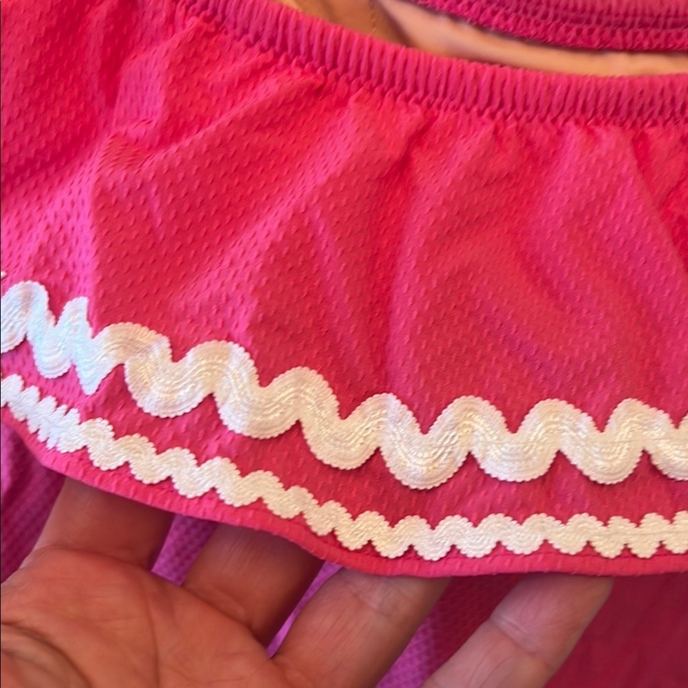 J Crew One Shoulder Hot Pink Ruffle Ric Rac One-piece Swimsuit-Size 8 - Picture 4 of 4